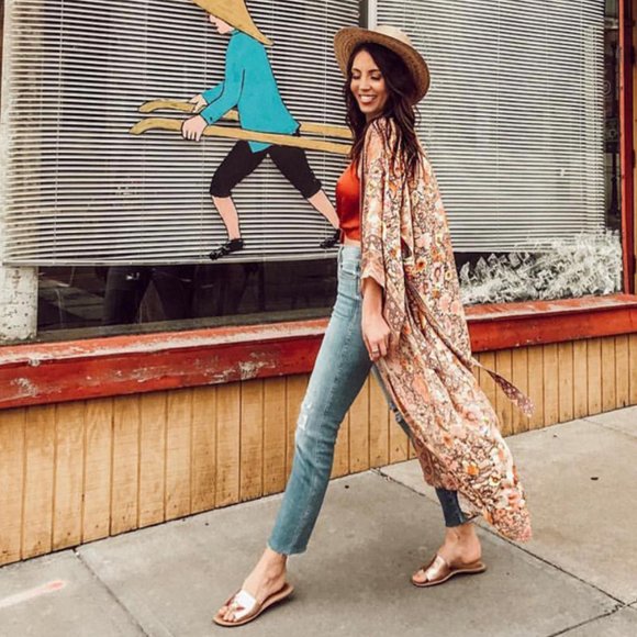 New Boho Floral Kimono Blue Maxi Duster Jacket - Picture 7 of 13